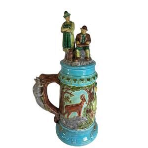 Hand‑Signed “By Mimi 1976” Ceramic Stein – Standing & Seated Figures Lid